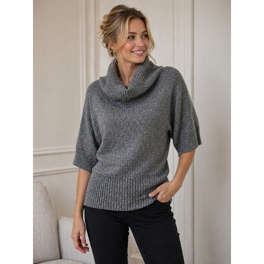 Spense Womens Grey Silk Blend‎ Metallic Cowl Neck Off Shoulder Knit Sweater Med
